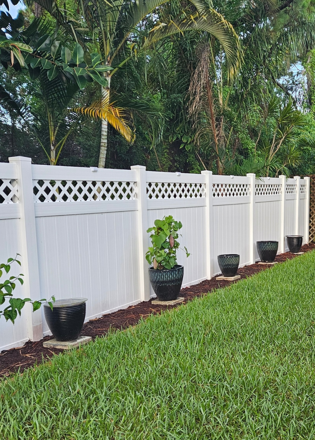 White PVC vinyl privacy fence with decorative lattice top